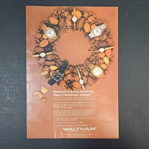 1969 Waltham Swiss Watches Vintage Print Ad Christmas Nuts Wreath Wristwatch